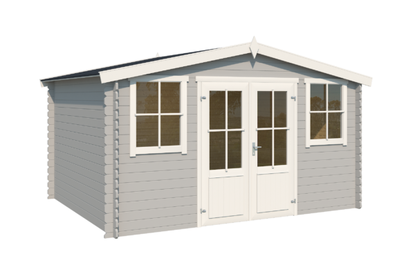 Casetta in legno 3,76x2,92 (3,5x3 - 28mm) con porta doppia + 2 finestre anteriori