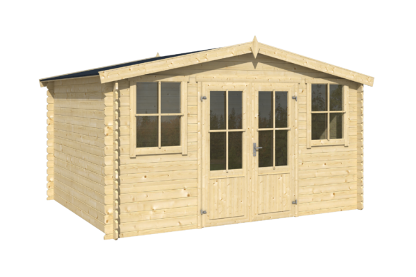 Casetta in legno 3,76x2,92 (3,5x3 - 28mm) con porta doppia + 2 finestre anteriori