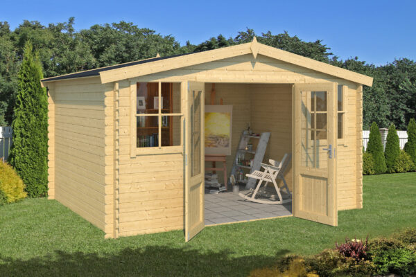 Casetta in legno 3,76x2,92 (3,5x3 - 28mm) con porta doppia + 2 finestre anteriori
