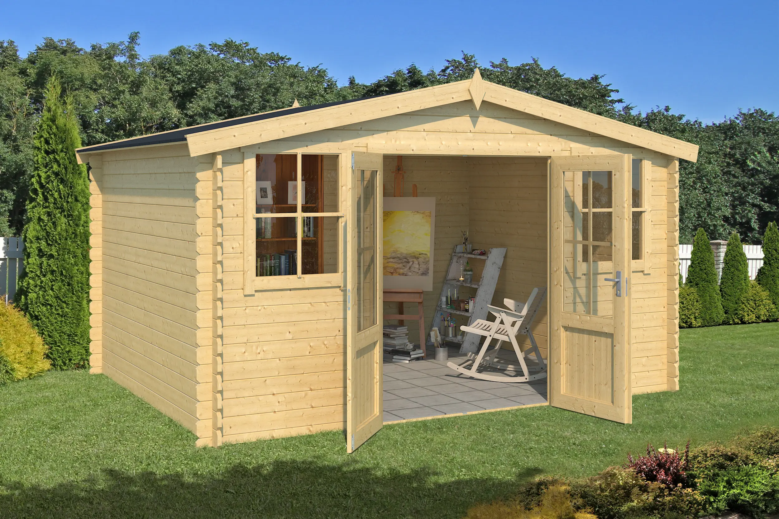 Casetta in legno 3,76x2,92 (3,5x3 - 28mm) con porta doppia + 2 finestre anteriori