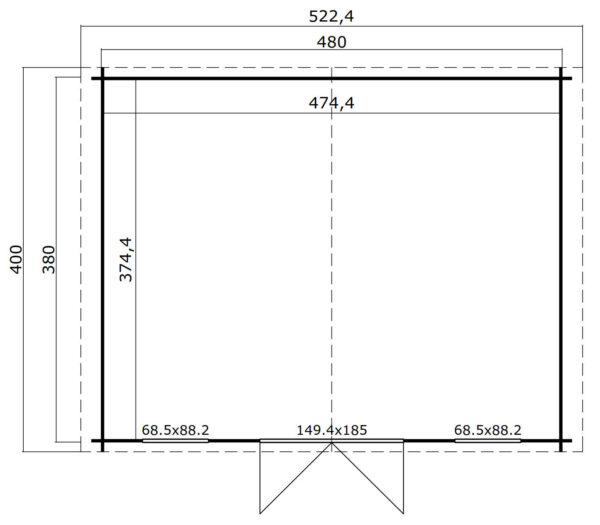 Casetta in legno 4,80x3 (28mm) con porta doppia + 2 finestre anteriori