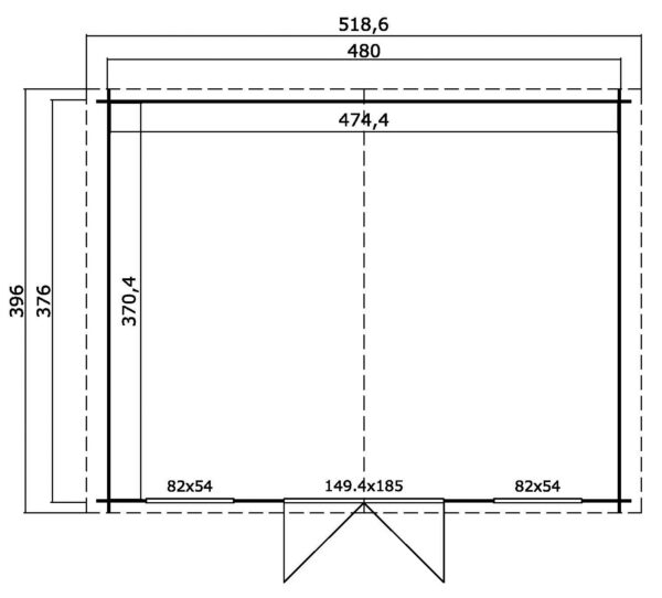 Casetta in legno 4,80x3,76 (5x3,5 - 28mm) porta doppia e finestre anteriori