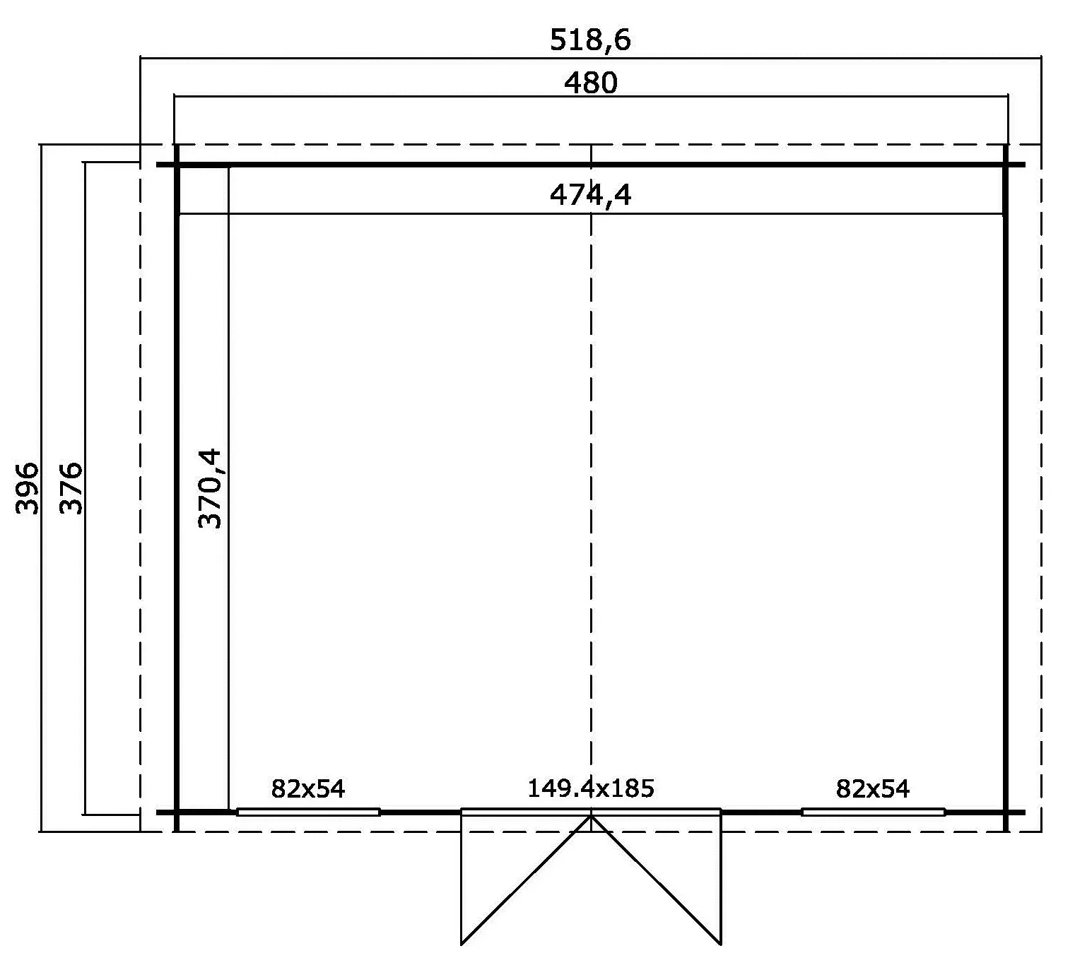 Casetta in legno 4,80x3,76 (5x3,5 - 28mm) porta doppia e finestre anteriori