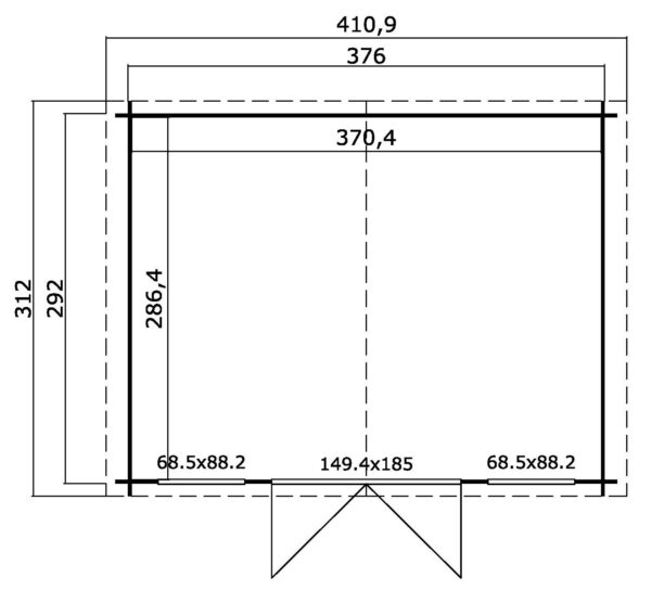 Casetta in legno 3,76x2,92 (3,5x3 - 28mm) con porta doppia + 2 finestre anteriori
