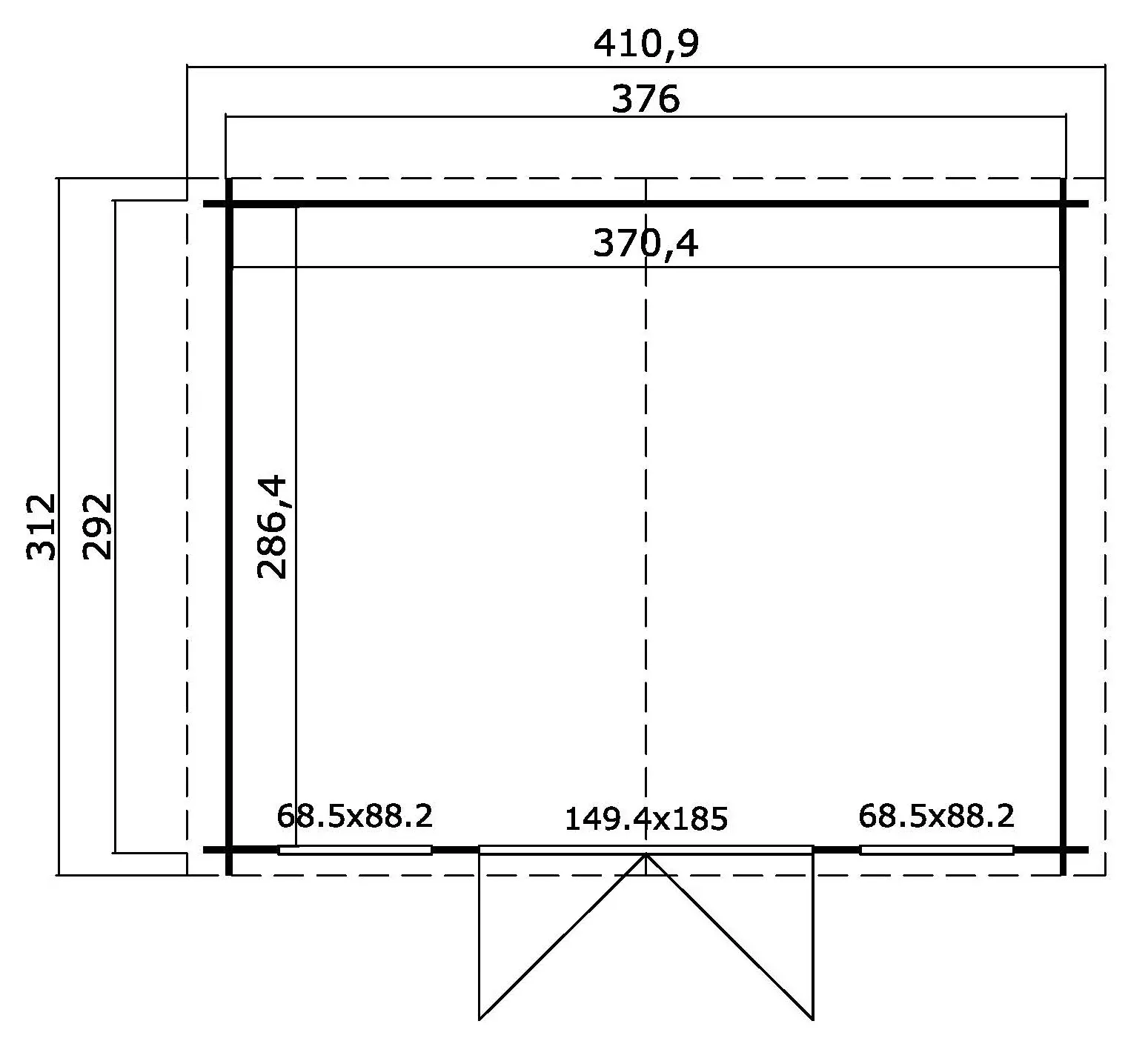 Casetta in legno 3,76x2,92 (3,5x3 - 28mm) con porta doppia + 2 finestre anteriori