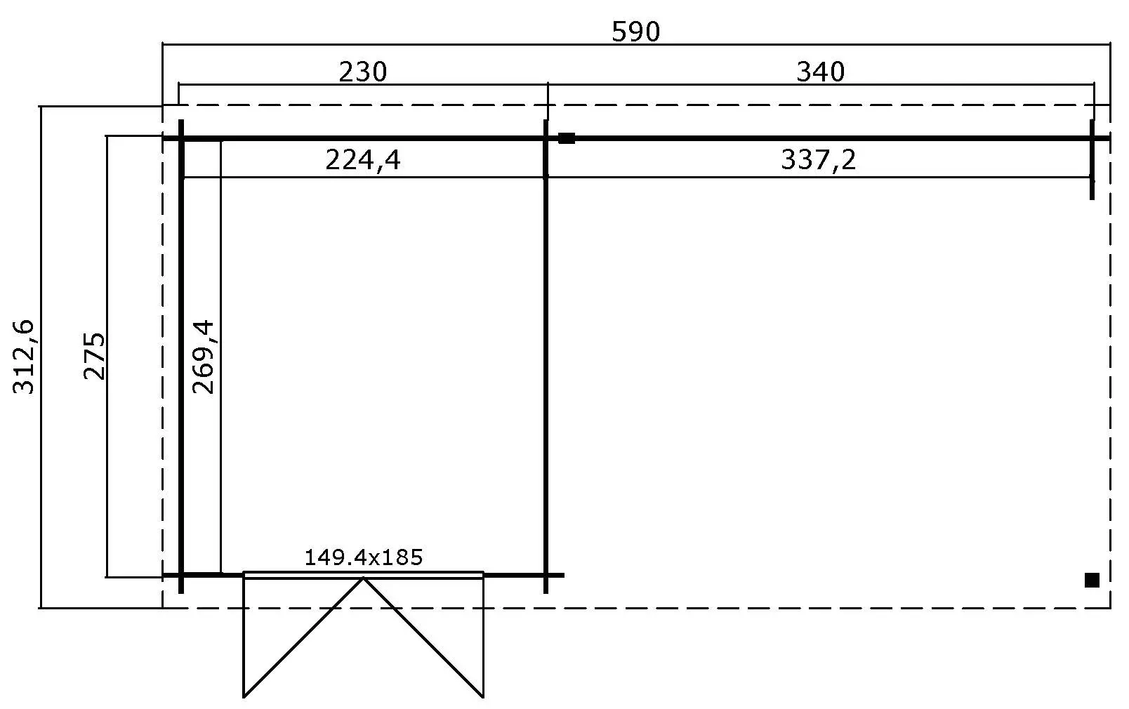 Casetta in legno aperta 5,70x2,75 (28mm)