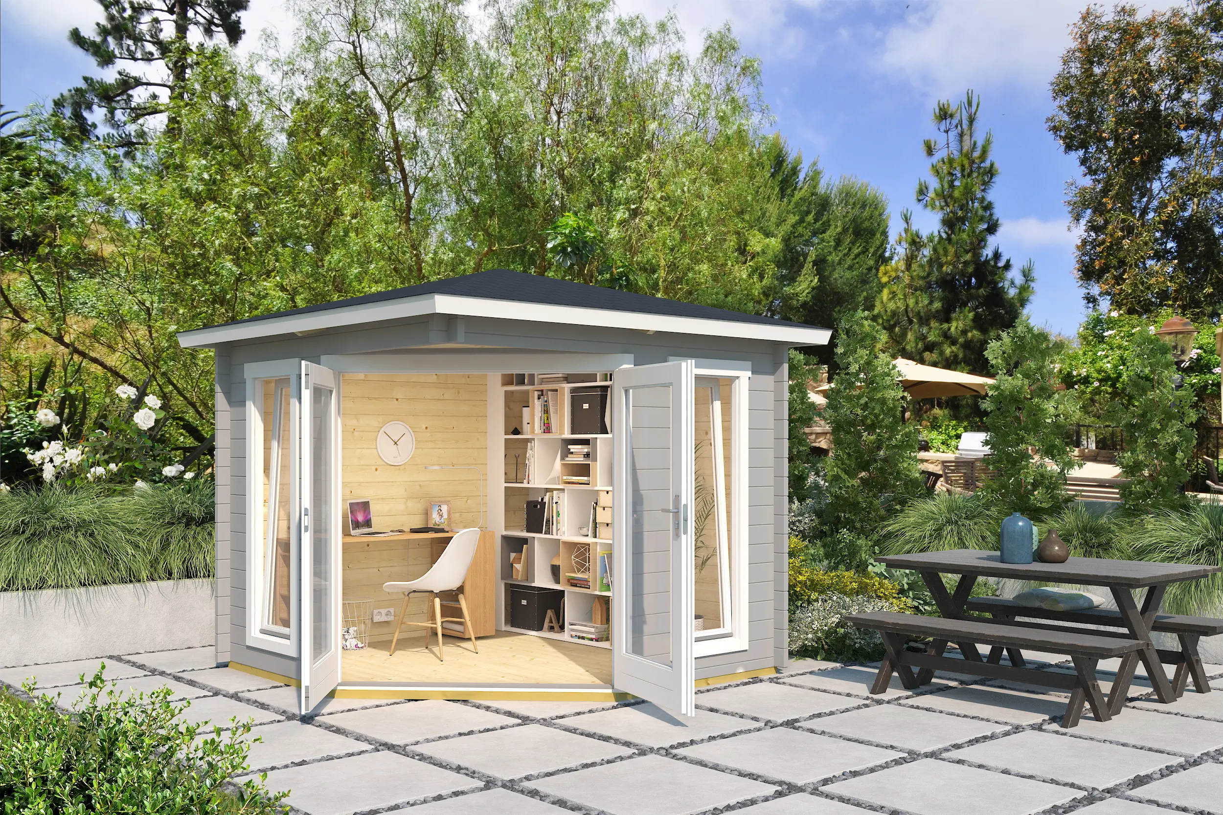 Casetta ad angolo 2,40x2,40 (40mm) con porta doppia + 2 finestre