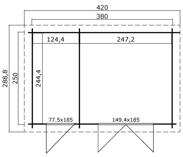 Casetta in legno 3,80x2,50 (4x2,5 - 28mm) monofalda a 2 vani