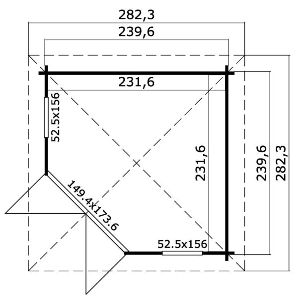 Casetta ad angolo 2,40x2,40 (40mm) con porta doppia + 2 finestre