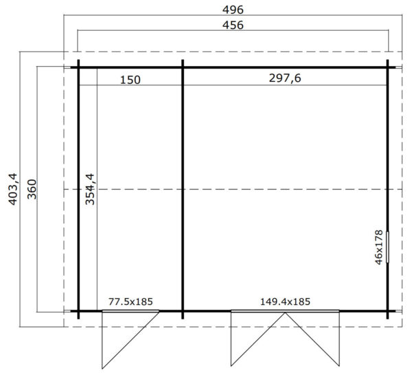 Casetta in legno 4,56x3,60 (4,50x3,50 - 28mm) a 2 vani