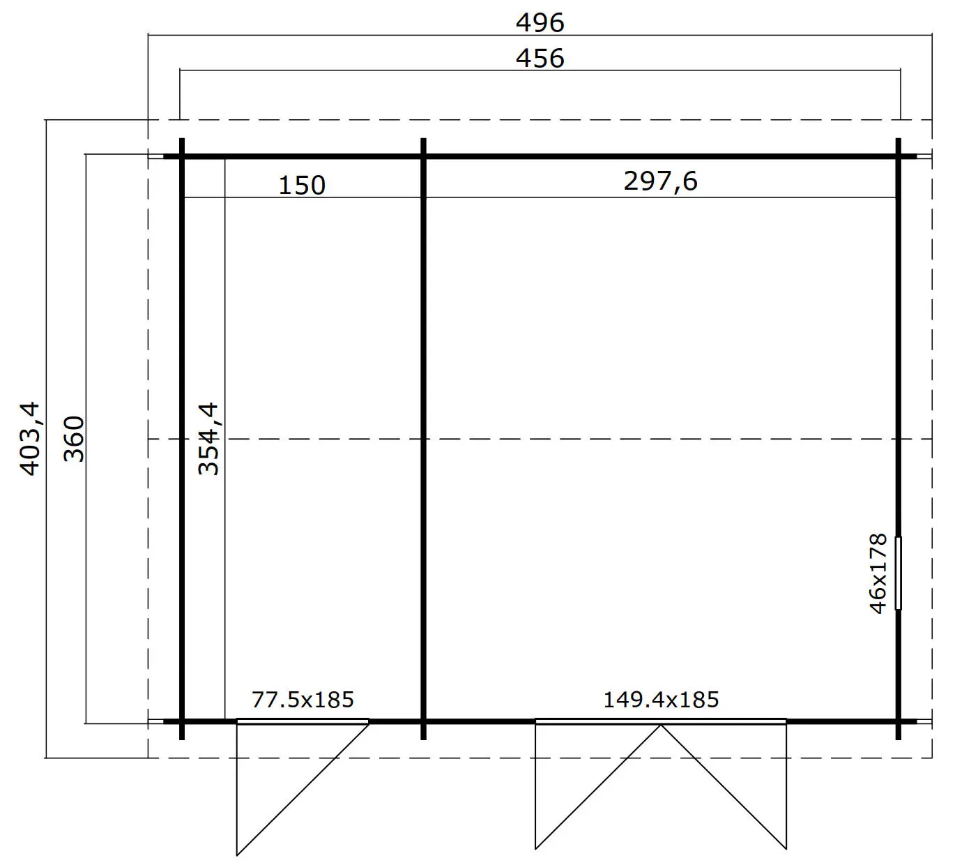 Casetta in legno 4,56x3,60 (4,50x3,50 - 28mm) a 2 vani