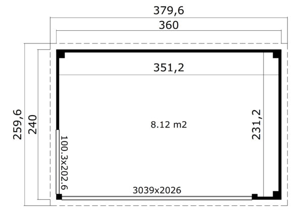 Casetta in legno per ufficio 3,6×2,4 (44mm) - Porta XL