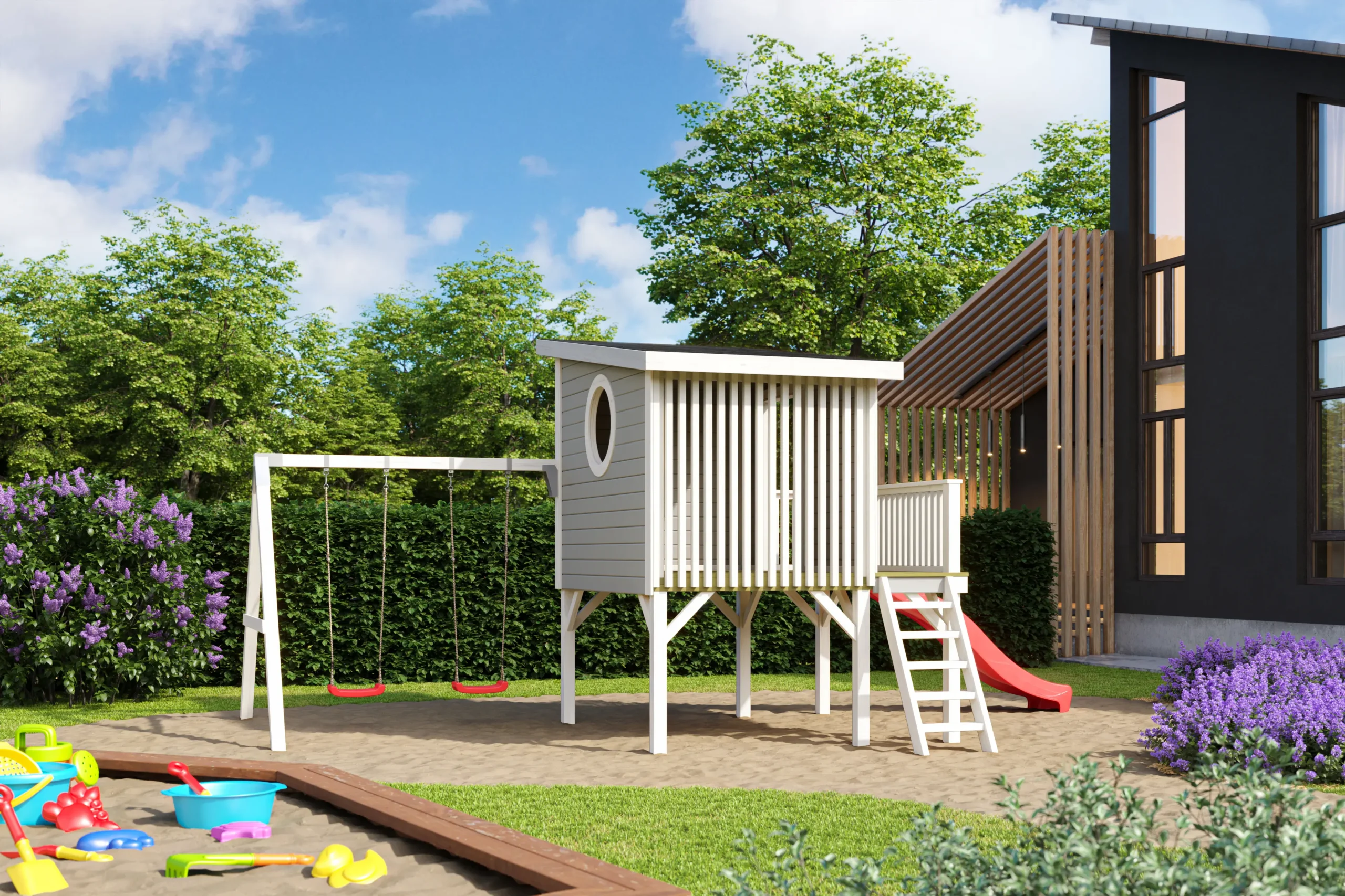 Casetta in legno per bambini 2,30x2,30 (19mm) con scivolo e altalena
