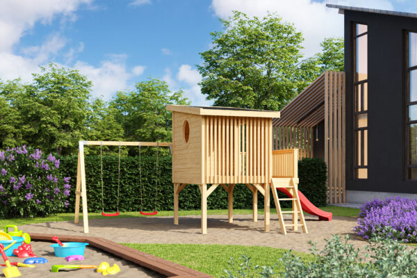 Casetta in legno per bambini 2,30x2,30 (19mm) con scivolo e altalena