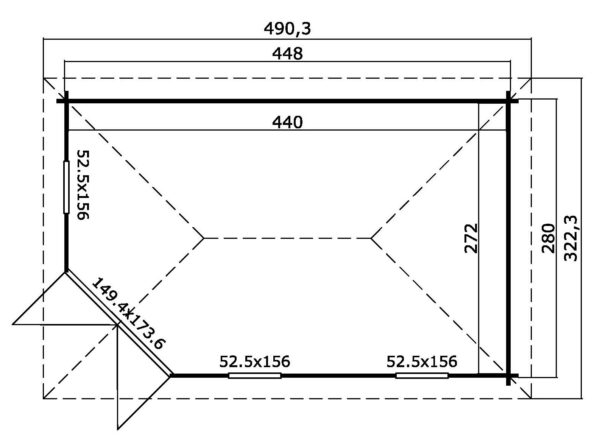 Casetta ad angolo 4,5x2,8 (40mm) porta doppia + finestre