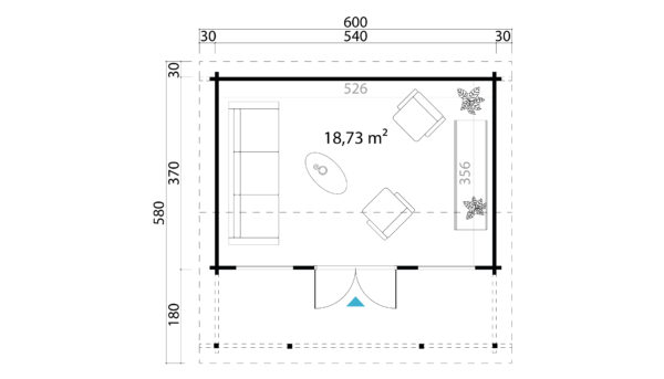 Casetta per campeggio 5,4x3,7 (70mm) con veranda di 1,5mt